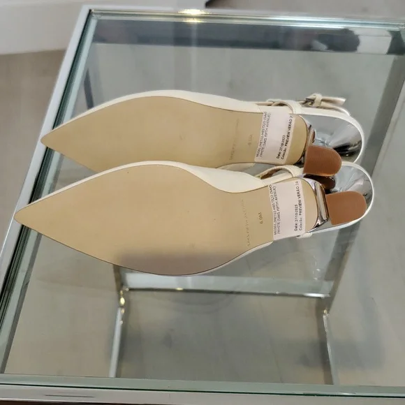 Saks 5thAve White Leather Slingback With Chrome 2” Heel Size 6 like new no box - Picture 6 of 8